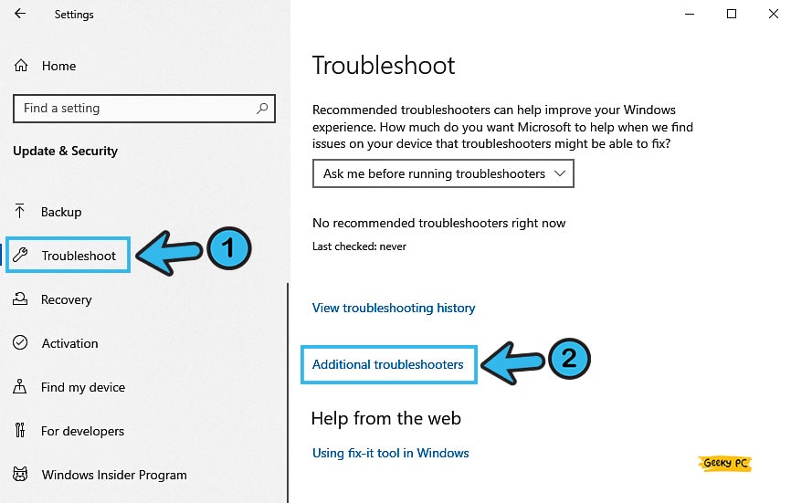 Additional troubleshooters under windows update