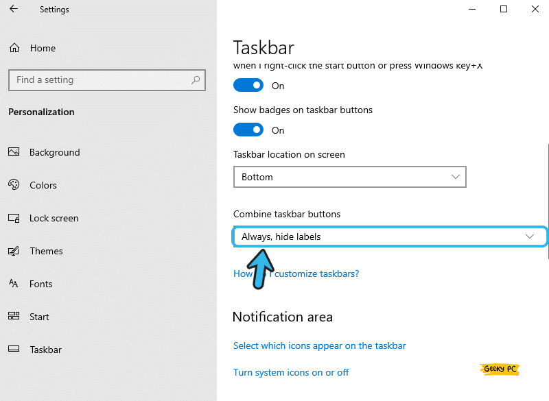 Always, hide labels taskbar