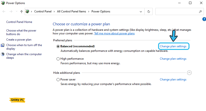 Change plan settings under power options