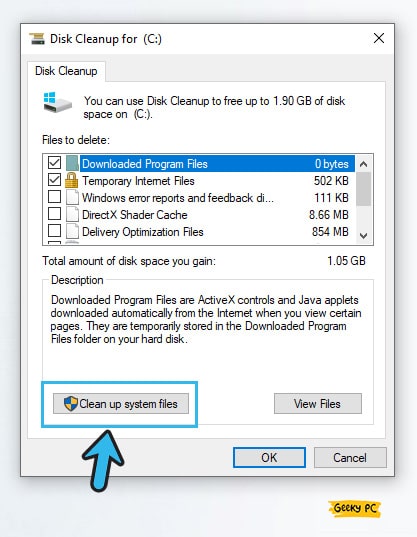 Clean up system files option in disk cleanup