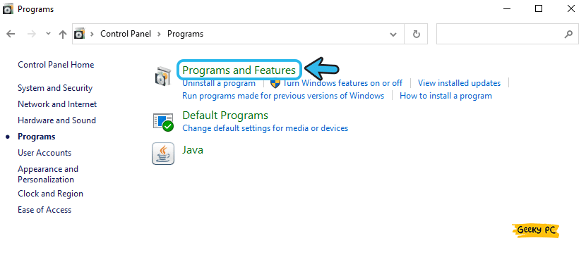 Programs and Features in windows