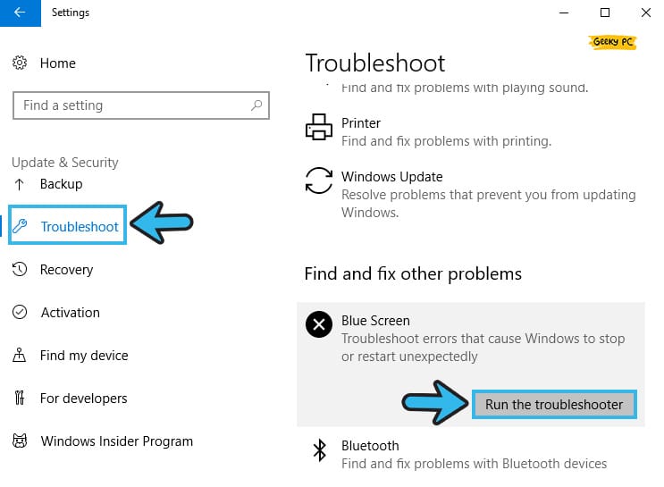 Run the Troubleshooter in Blue Screen