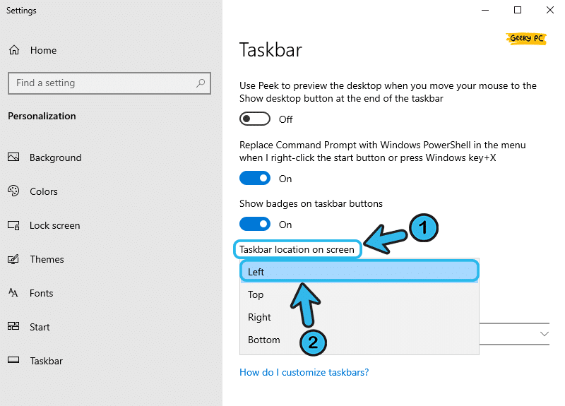 Taskbar location on screen