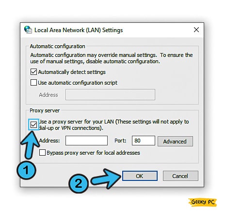 Use a proxy server for your LAN (These settings will not apply to dial-up or VPN connections