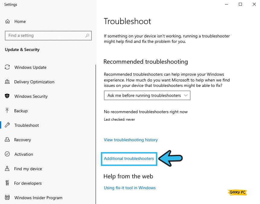 Windows Additional troubleshooters
