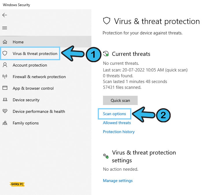 Windows Virus protection Scan options
