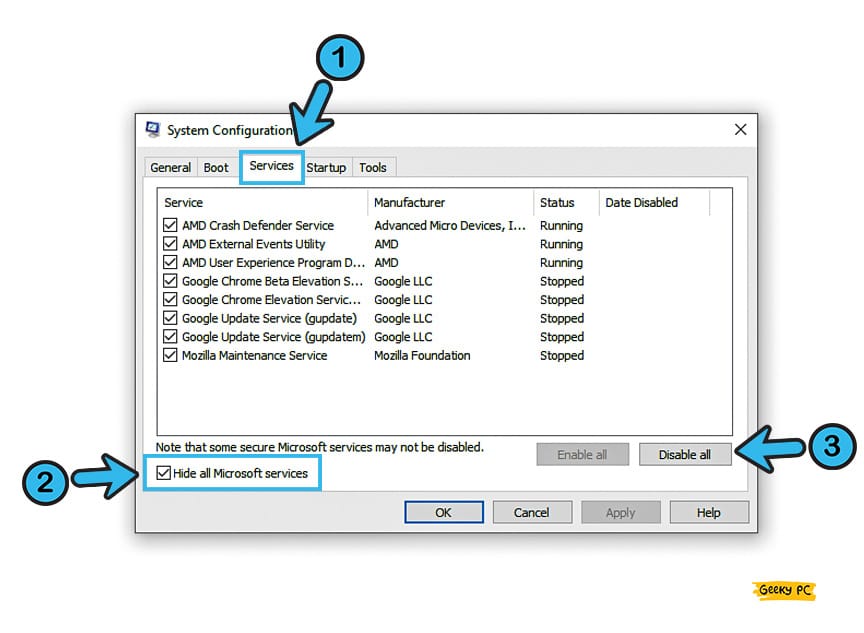 system configuration disable Microsoft services